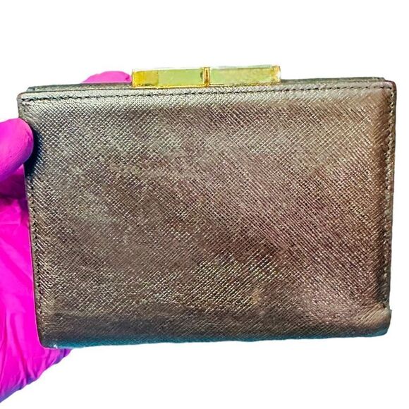 YSL YVES SAINT LAURENT Dark Brown Goldtone Saffiano Leather Kisslock Wallet Bag - Picture 8 of 13